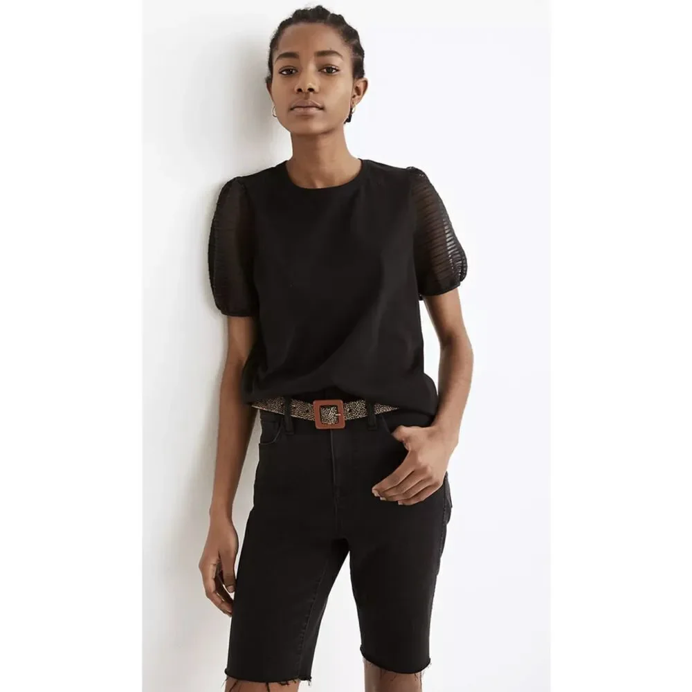 Madewell Striped Sheer Puff Sleeve Knit T-Shirt Crewneck Short Sleeve Black XS‎